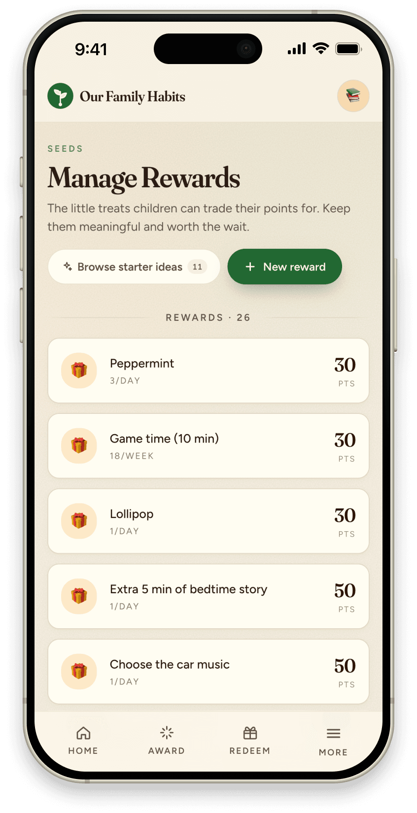 Redeem rewards screen with the same four children, ready to spend their points.