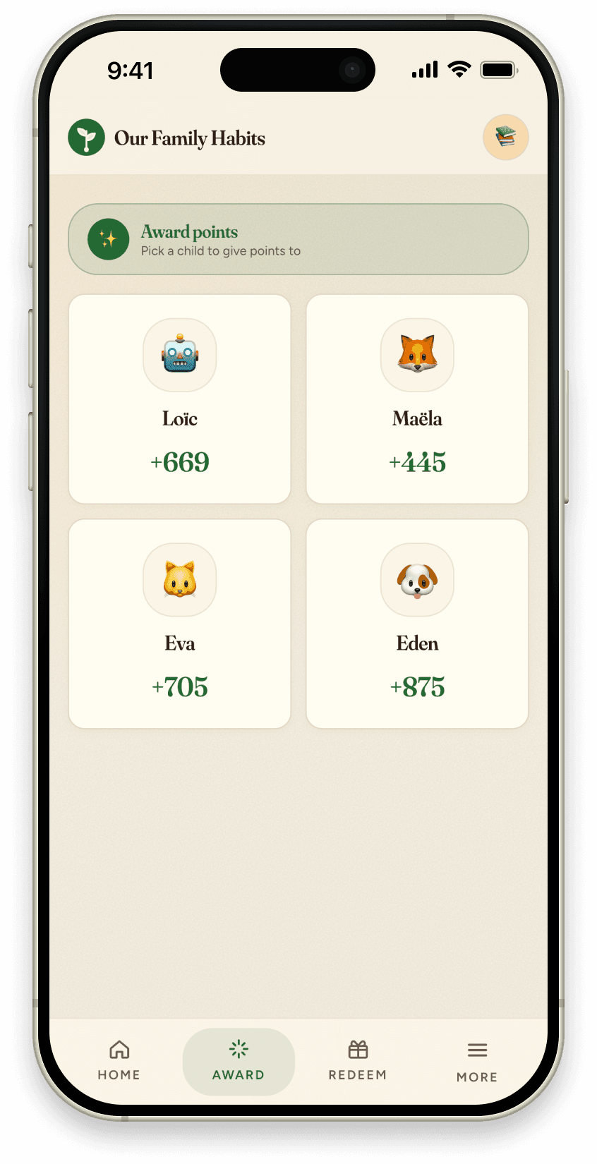 Quick award screen showing four children with their point balances, ready for a parent to tap and award points.