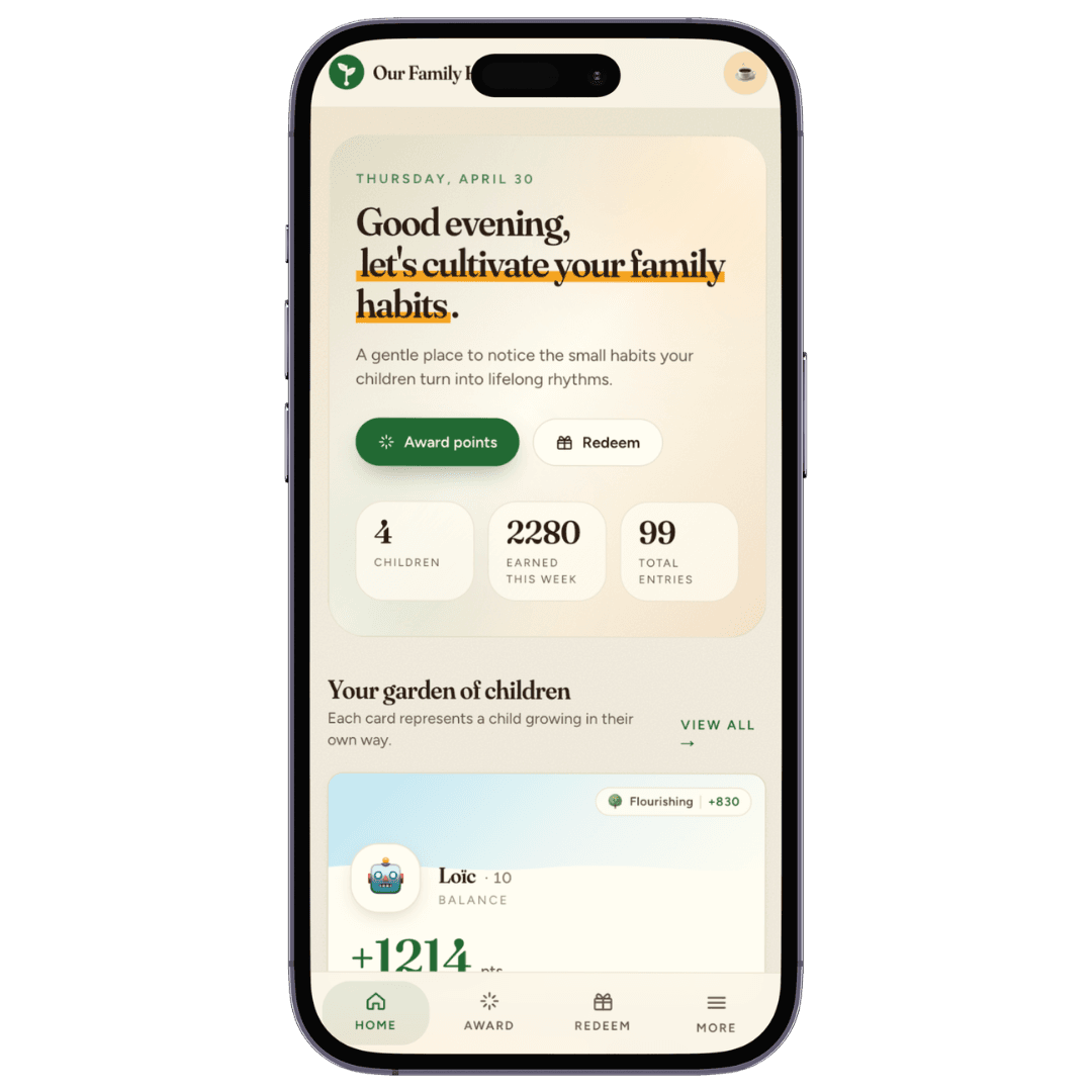 Our Family Habits home screen on iPhone with each child's points and today's habits.