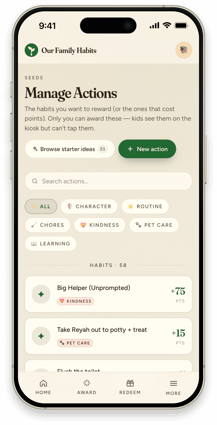 Manage Actions screen on iPhone, with category pills and a list of family habits ready to be awarded.