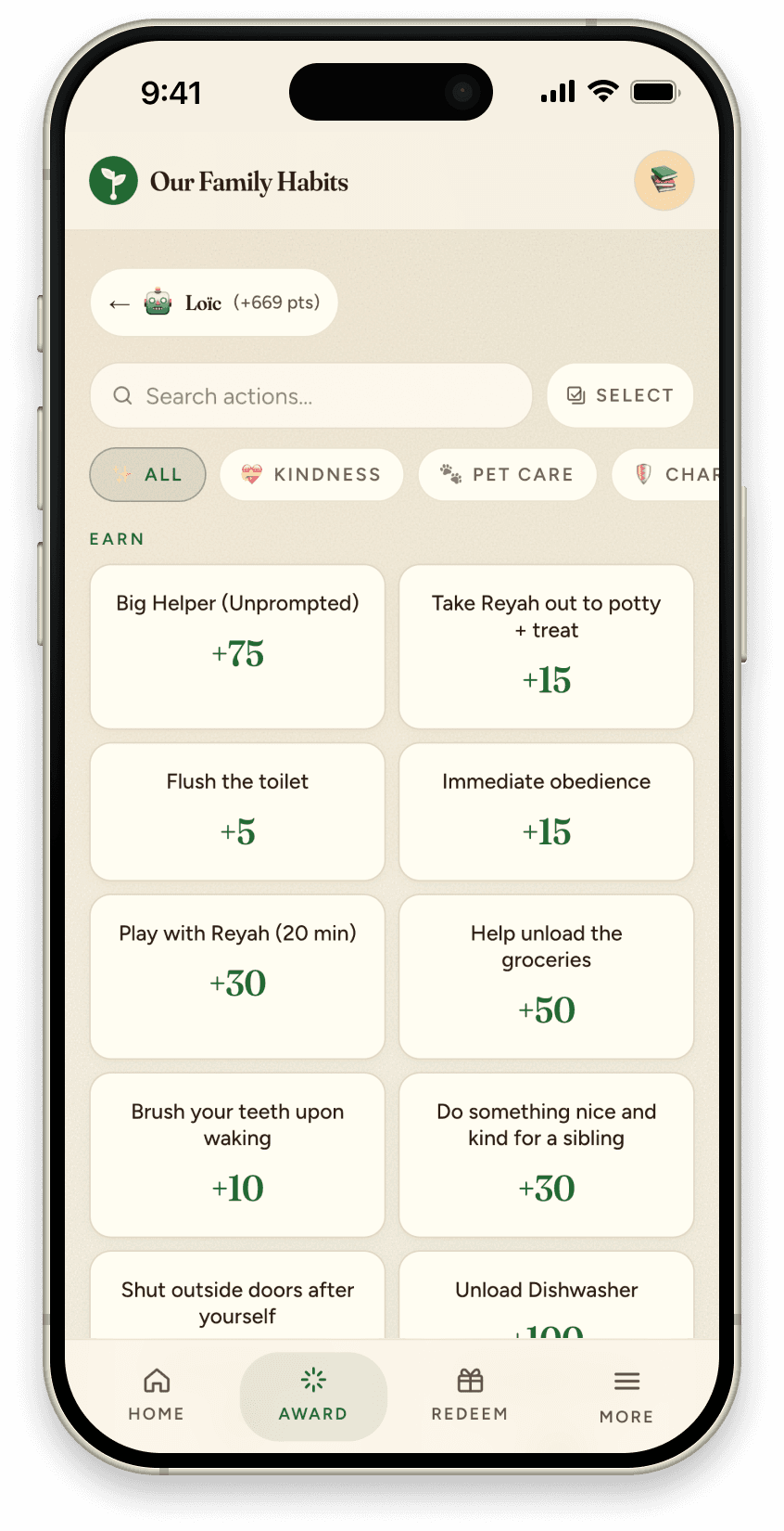 Award detail screen on iPhone showing point breakdown for a completed habit.