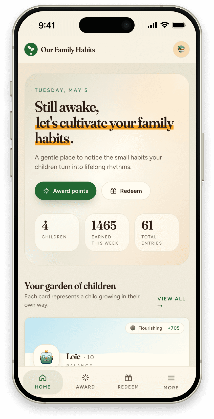Our Family Habits app on iPhone, showing the parent dashboard with children and today's habits.
