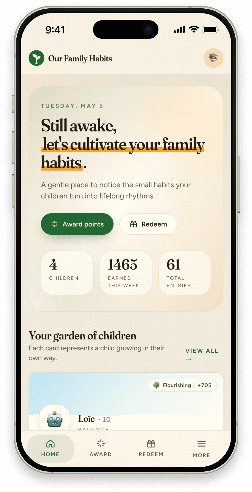Our Family Habits app dashboard on iPhone