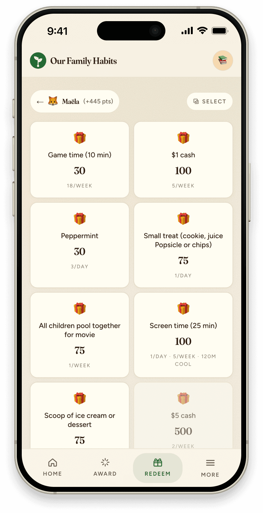 Reward detail screen on iPhone showing point cost and redemption.