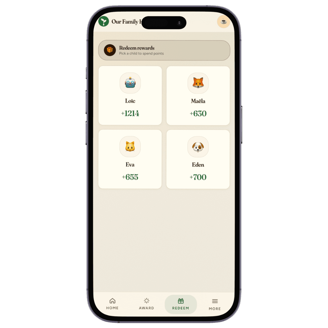 Redeem rewards screen on iPhone, with four children and their point balances ready to spend.