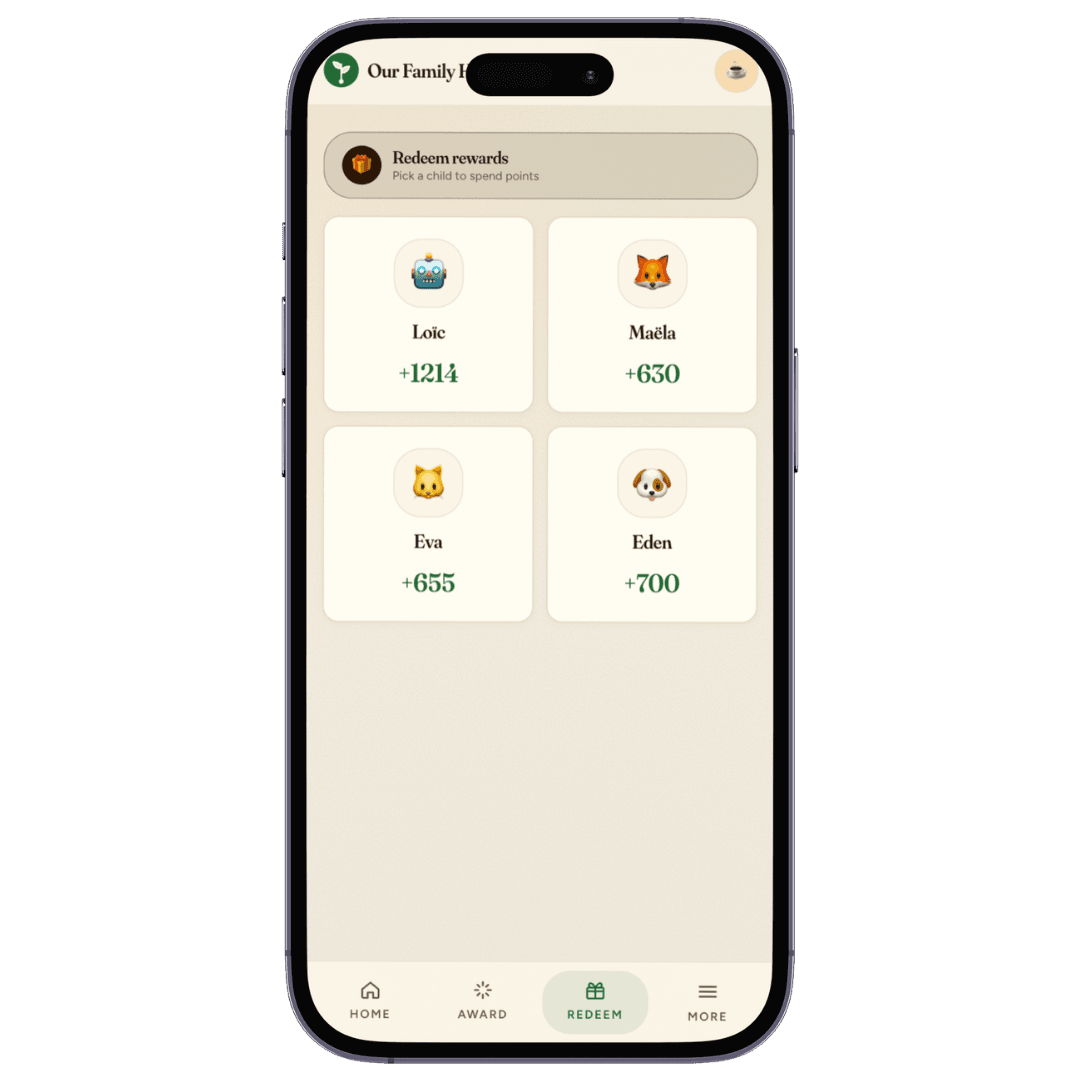 Redeem rewards screen on iPhone, with four children and their point balances ready to spend.